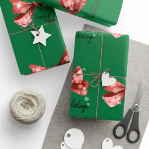 Festive Red Bow Christmas Wrapping Paper : Elegant Green Holiday Gift Wrap with Snowflakes and "Happy Holidays" Script