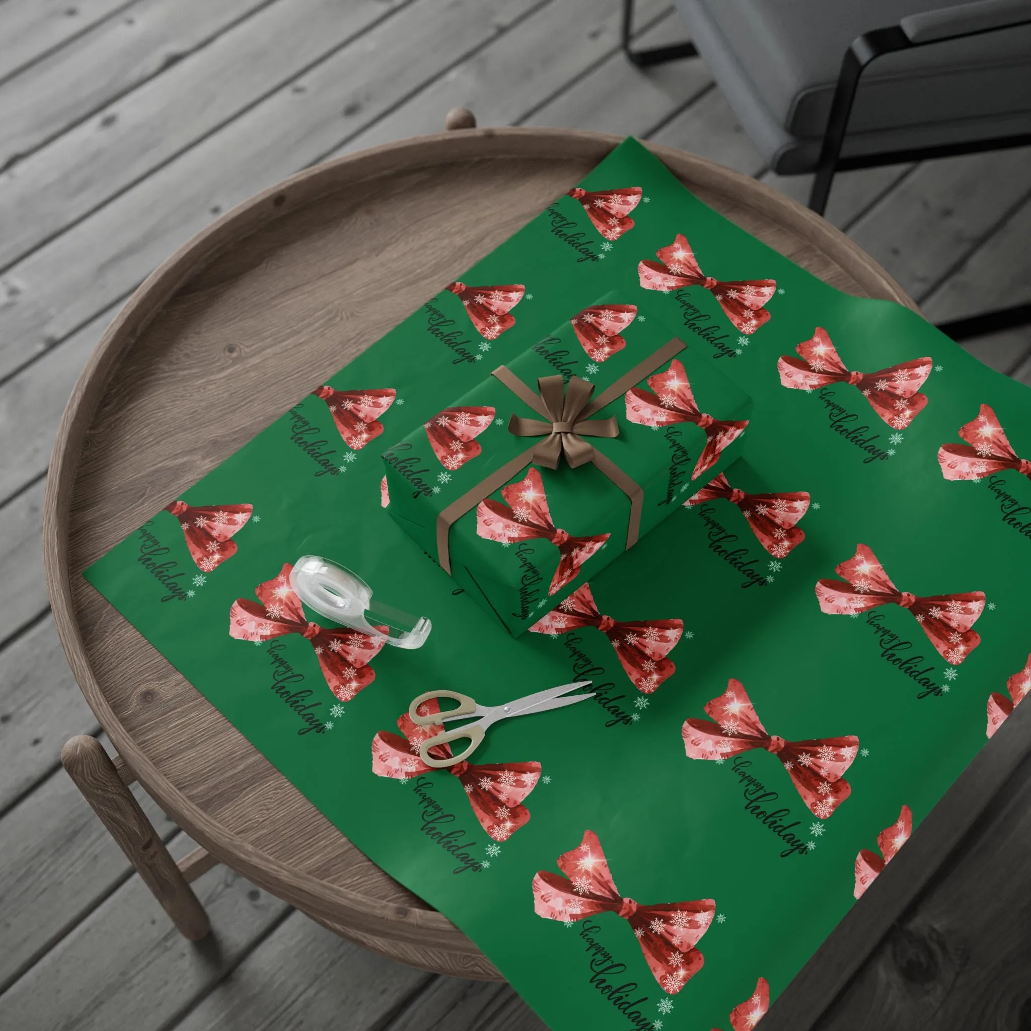 Festive Red Bow Christmas Wrapping Paper : Elegant Green Holiday Gift Wrap with Snowflakes and "Happy Holidays" Script