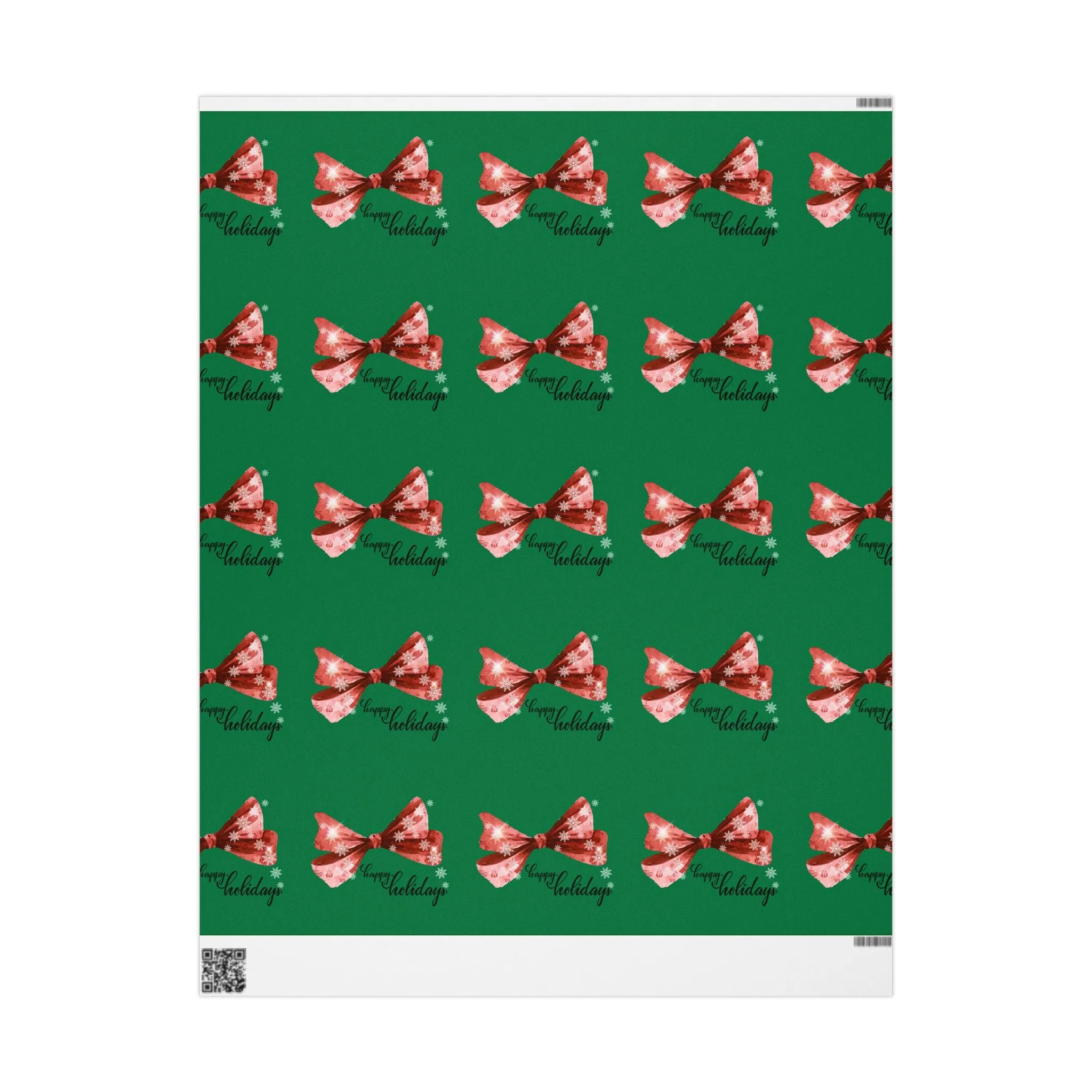 Festive Red Bow Christmas Wrapping Paper : Elegant Green Holiday Gift Wrap with Snowflakes and "Happy Holidays" Script