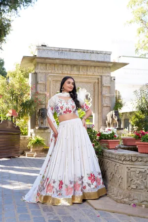 Fiery and Classic White Georgette Embroidered Lehenga Choli