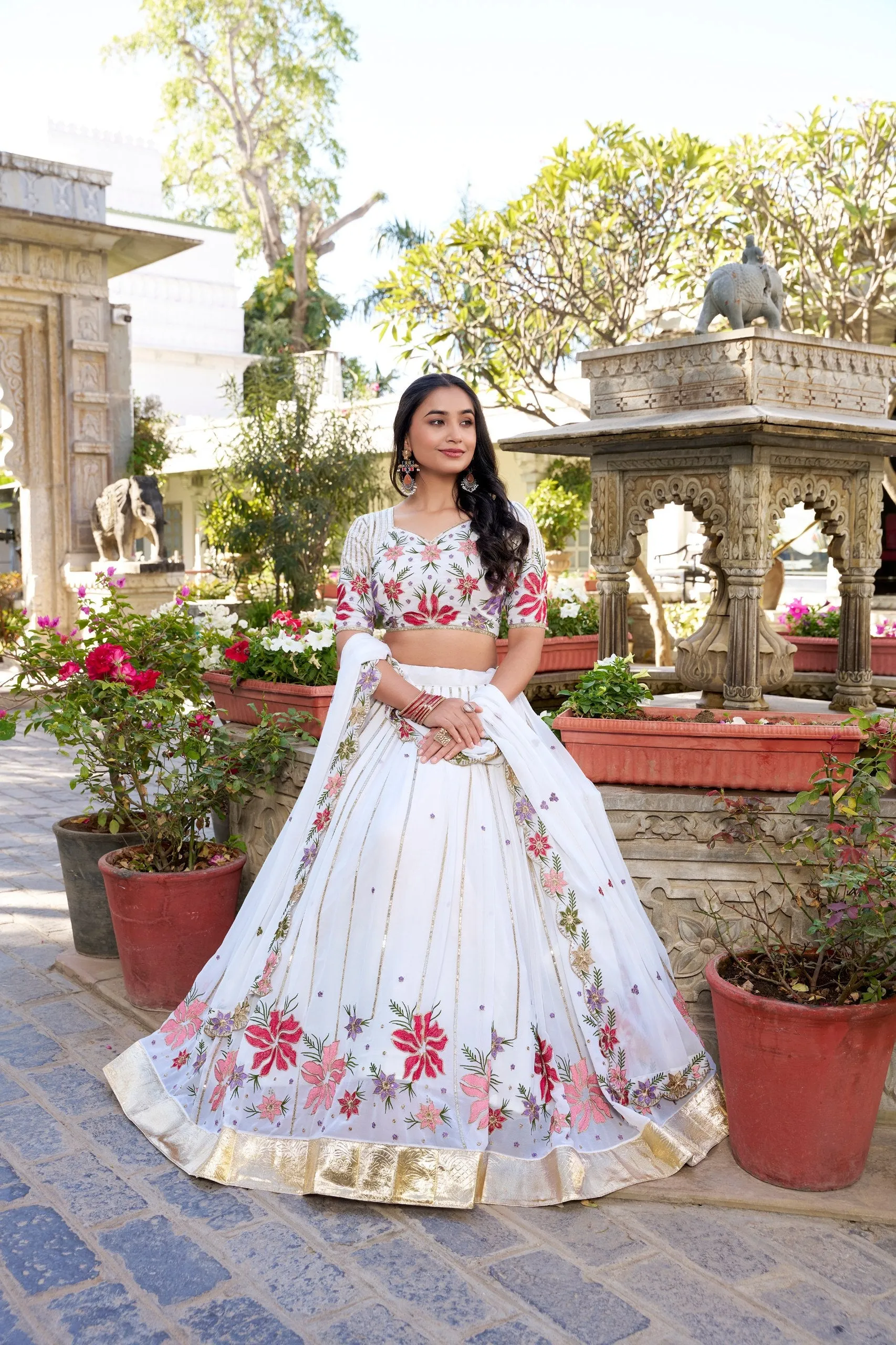 Fiery and Classic White Georgette Embroidered Lehenga Choli