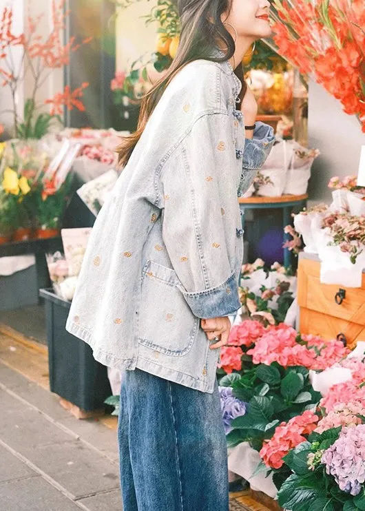 French Make Old Blue Button Pockets Denim Coats Long Sleeve QA1042