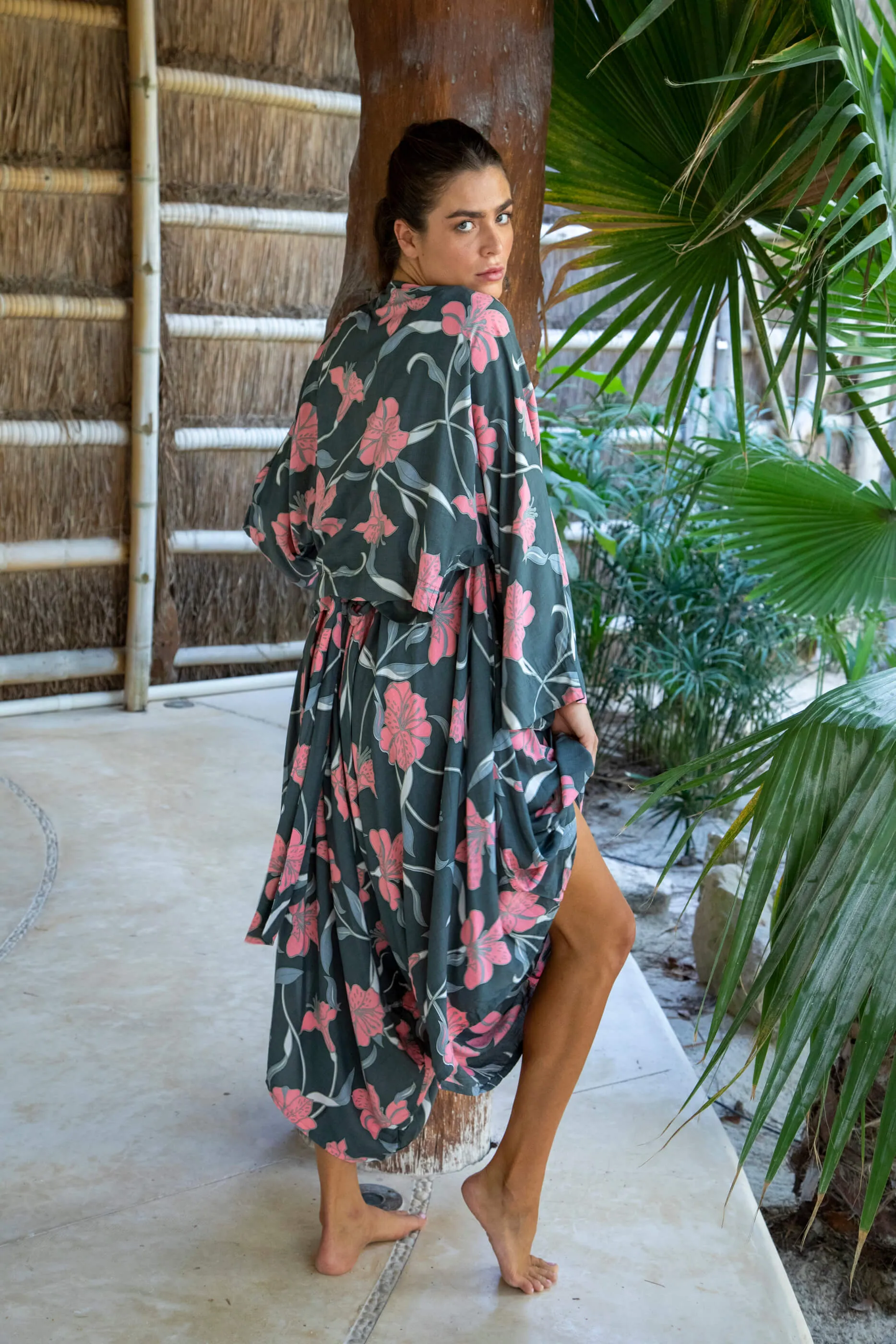 Greta Garbot Kimono Wrap Top in Premium Palawan Grey
