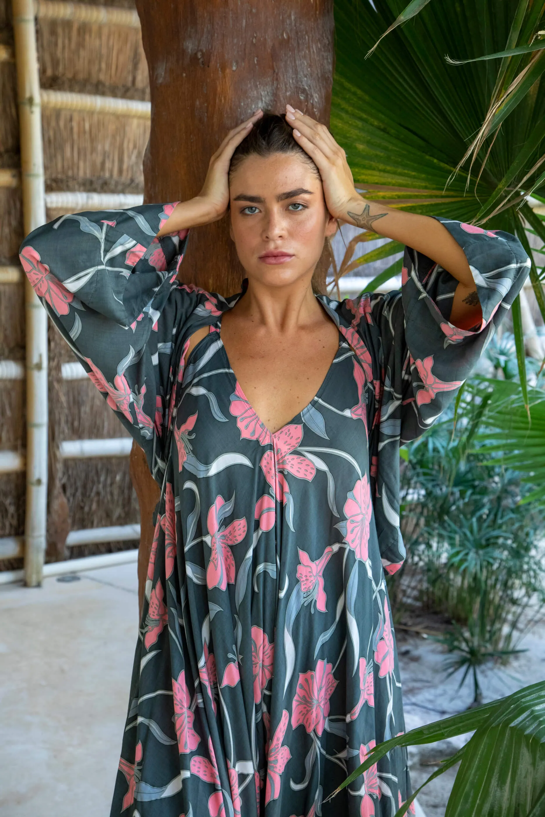 Greta Garbot Kimono Wrap Top in Premium Palawan Grey