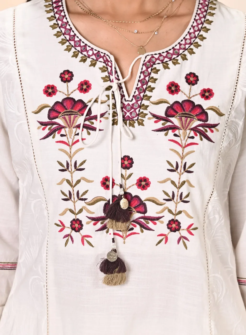 Harleen Ivory with Red Embroidered Cotton Linen Kurta Set for Women