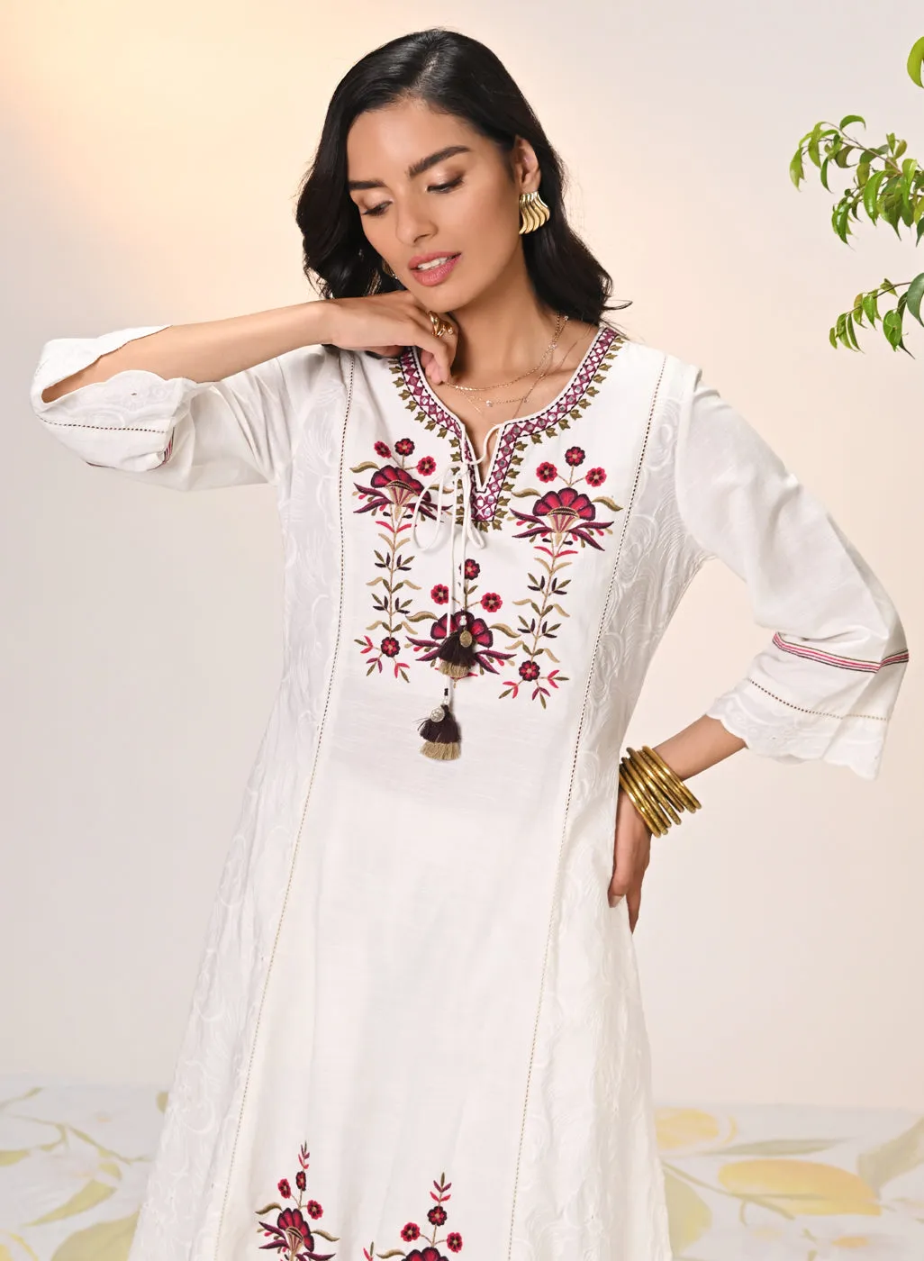 Harleen Ivory with Red Embroidered Cotton Linen Kurta Set for Women