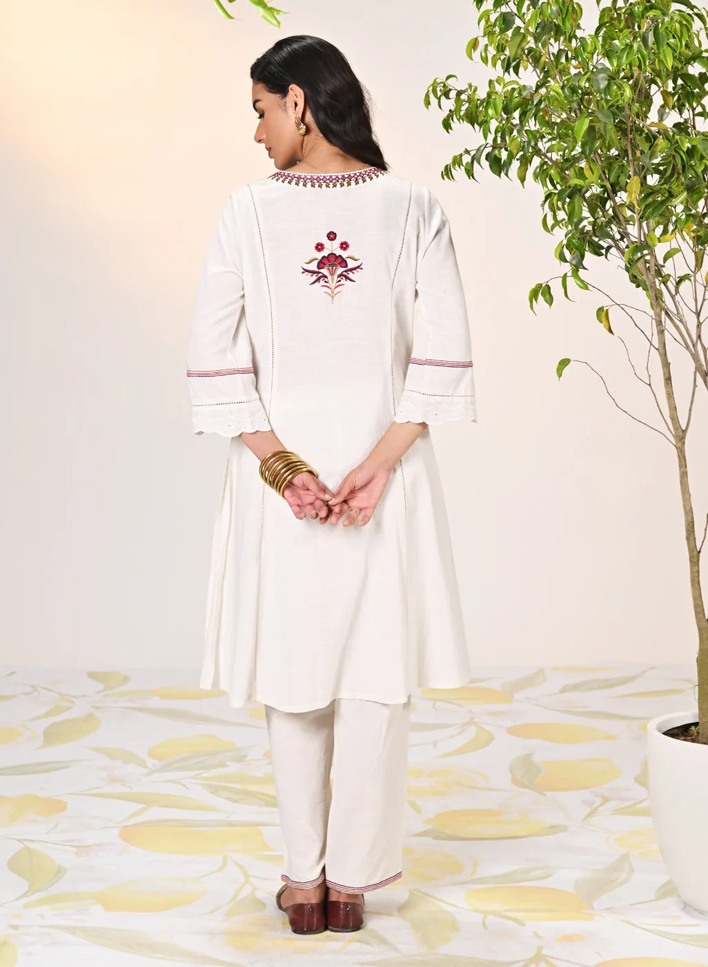 Harleen Ivory with Red Embroidered Cotton Linen Kurta Set for Women