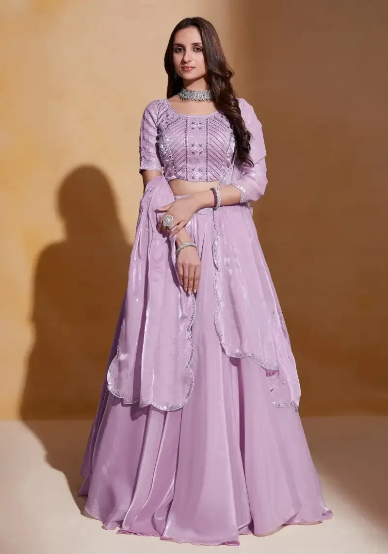 Lavender Heavy Organza Silk Embroidered Lehenga Choli