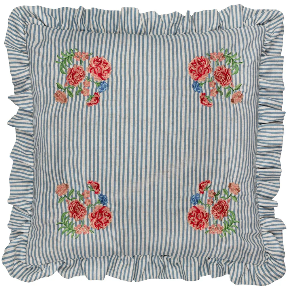 Martha Embroidered Ruffle Cushion Blue