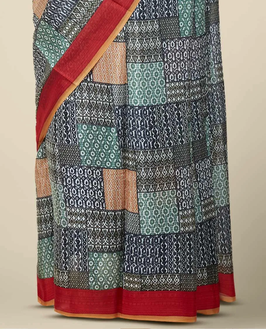 Multi-color geometric patterns printed semi banaras crepe saree, contrast unique motifs printed border