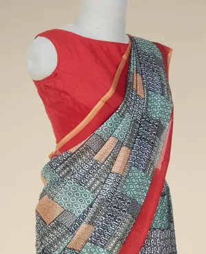 Multi-color geometric patterns printed semi banaras crepe saree, contrast unique motifs printed border
