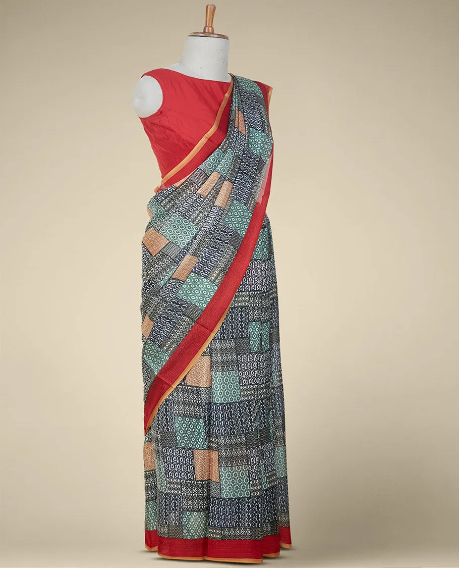 Multi-color geometric patterns printed semi banaras crepe saree, contrast unique motifs printed border