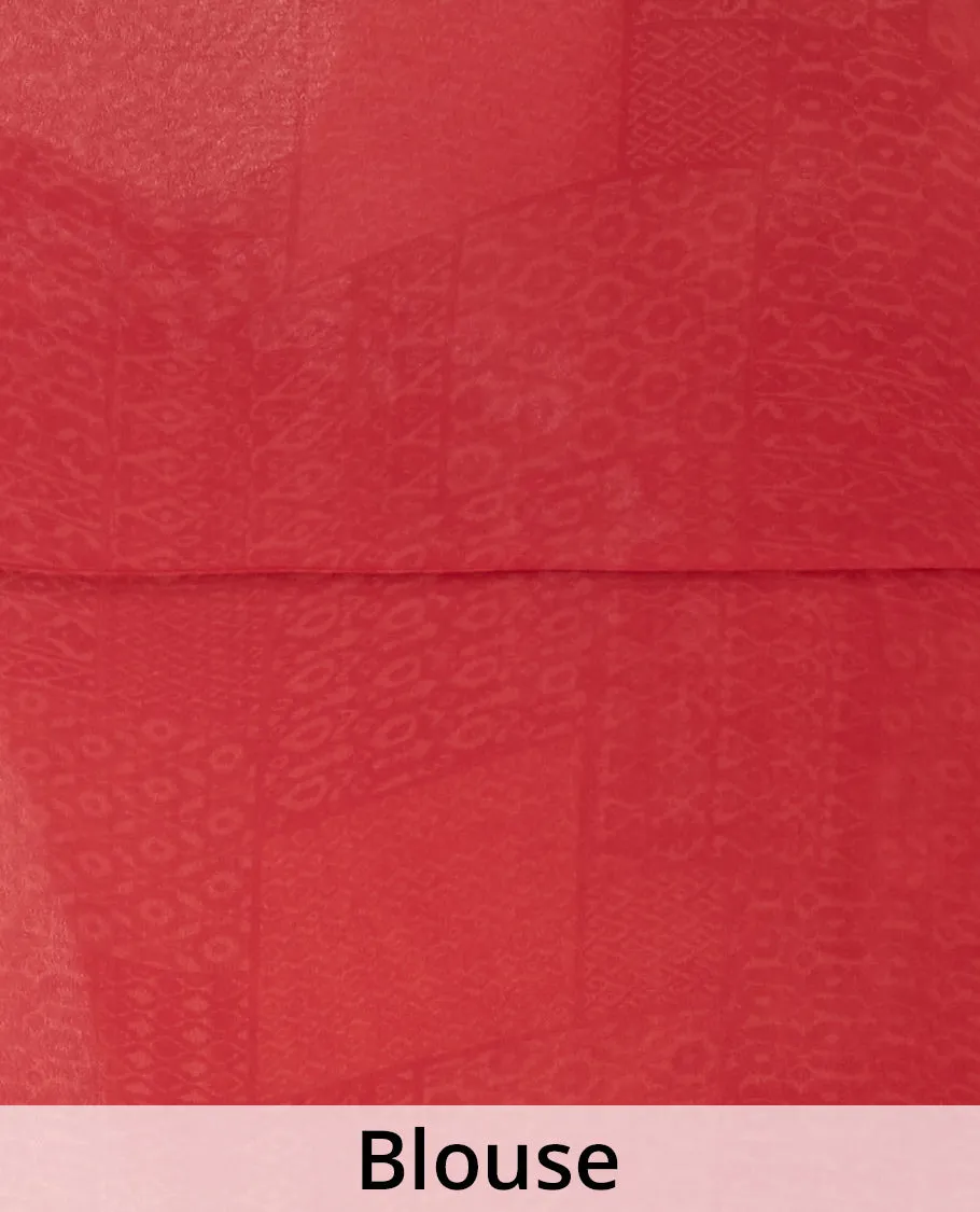 Multi-color geometric patterns printed semi banaras crepe saree, contrast unique motifs printed border