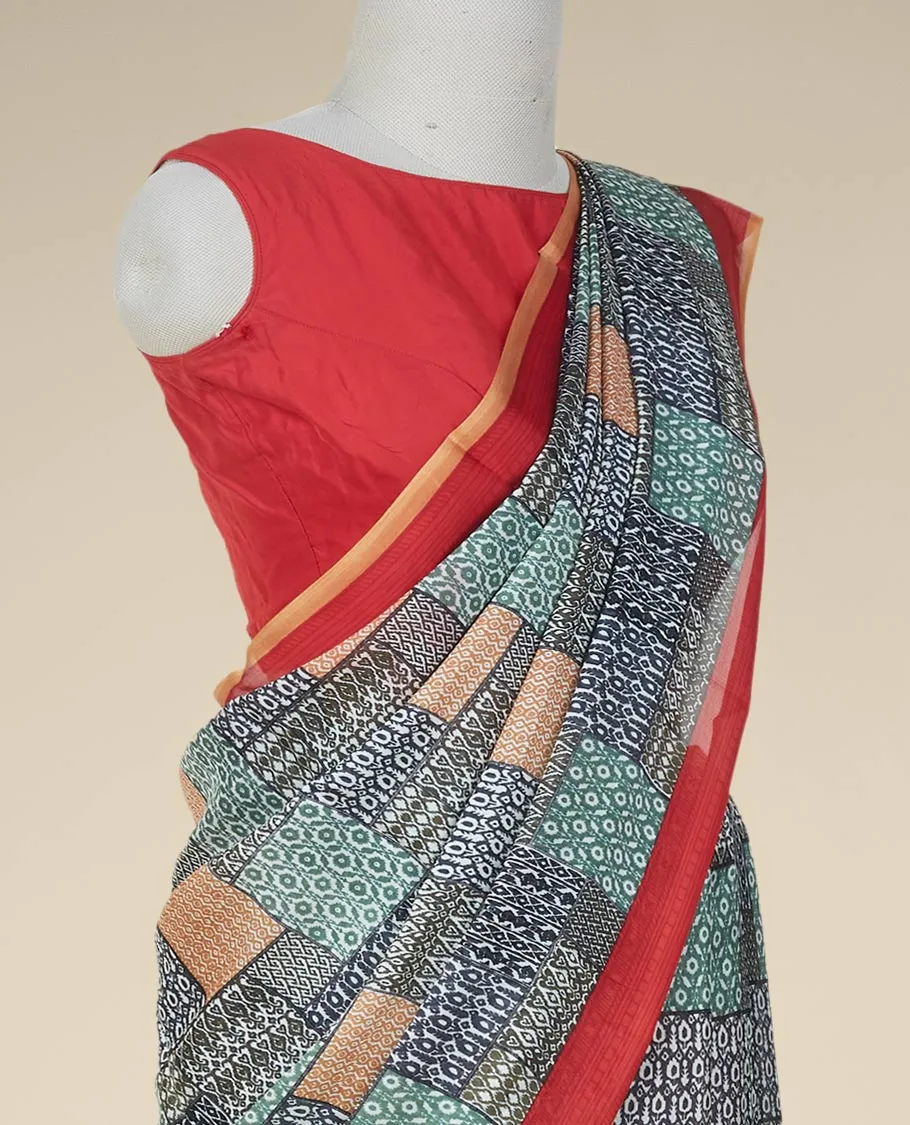 Multi-color geometric patterns printed semi banaras crepe saree, contrast unique motifs printed border