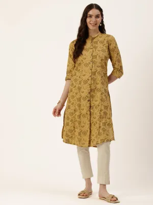 Mustard Floral Printed Mandarin Collar Kurta