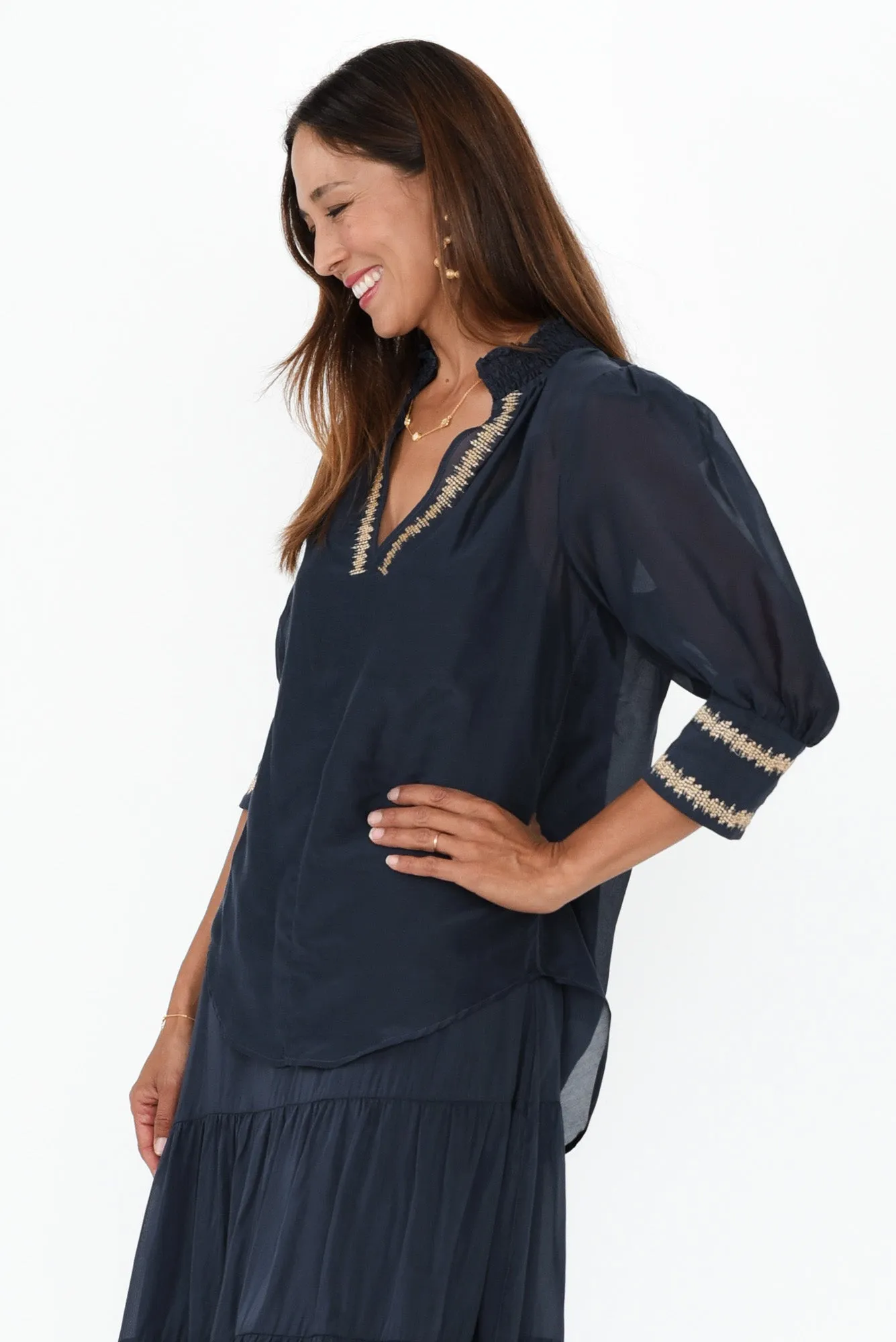 Mustique Ink Cotton Silk Embroidered Top