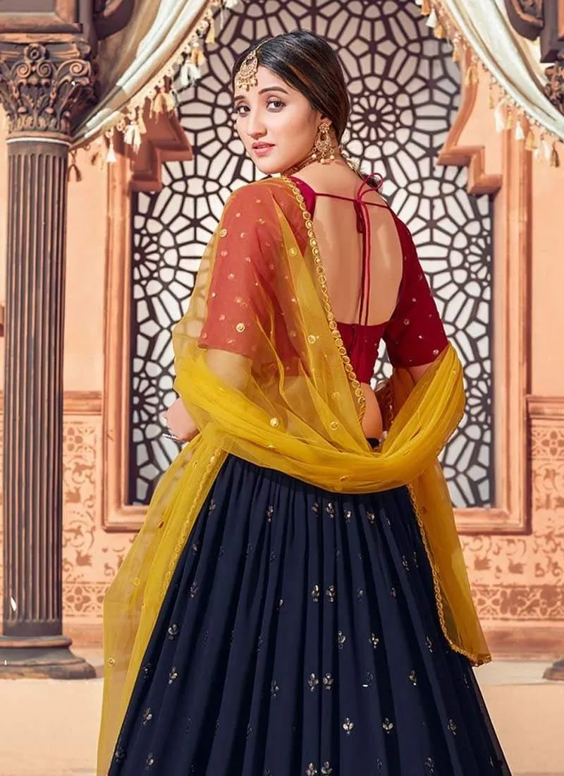 Navy Blue Color Georgette Fabric Sequins Work Lehenga With Red Color Blouse