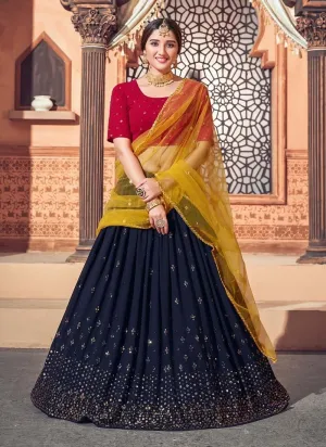 Navy Blue Color Georgette Fabric Sequins Work Lehenga With Red Color Blouse