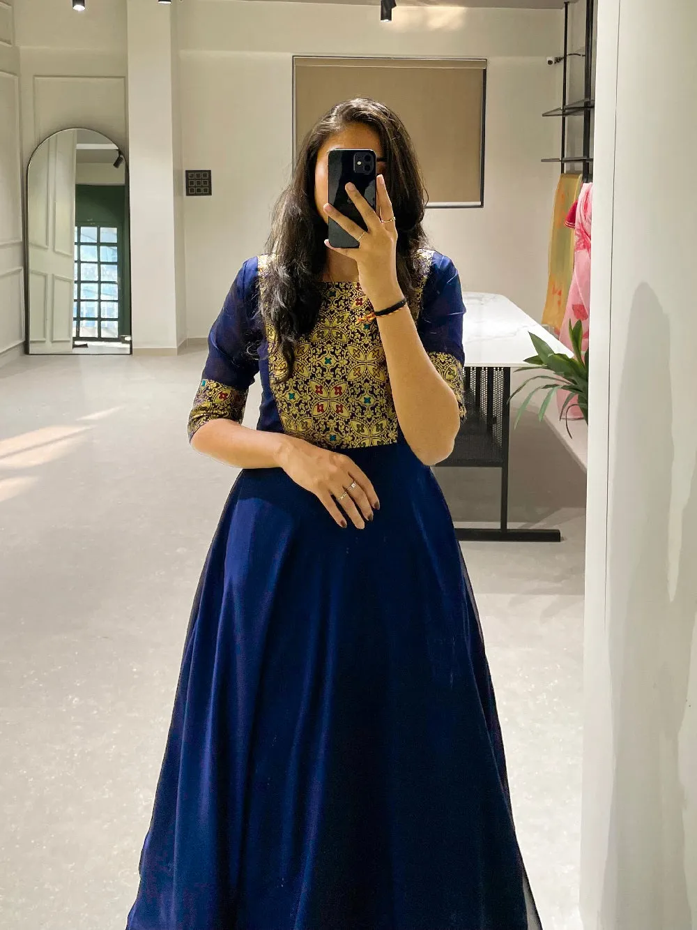 Navy Blue Color Weaving Zari Work rangoli Silk Gown Dress