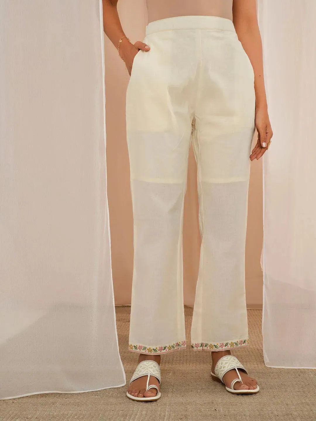 Off White Yoke Design Cotton A-Line Kurta With Palazzos & Dupatta
