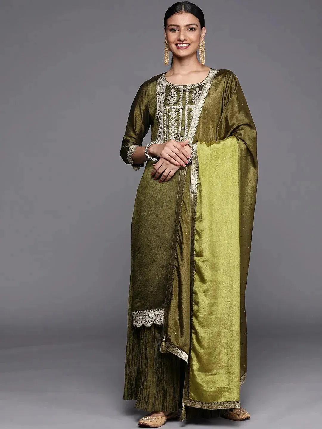 Olive Yoke Design Silk Blend Straight Sharara Suit Set With Dupatta