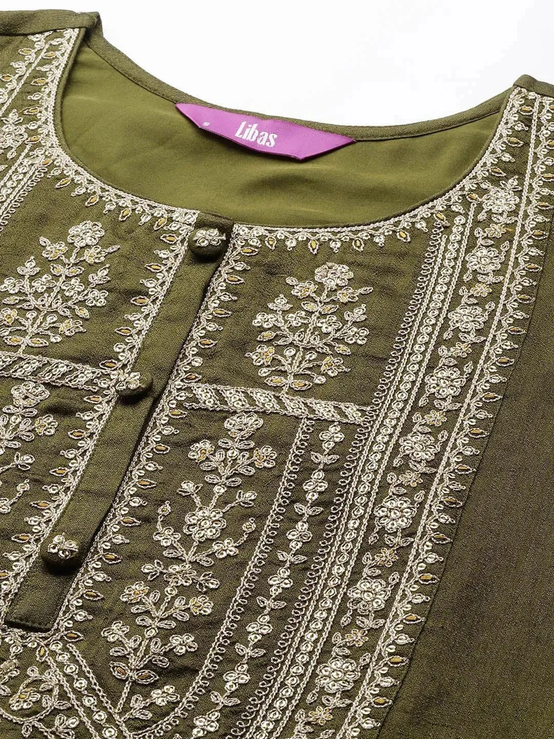 Olive Yoke Design Silk Blend Straight Sharara Suit Set With Dupatta