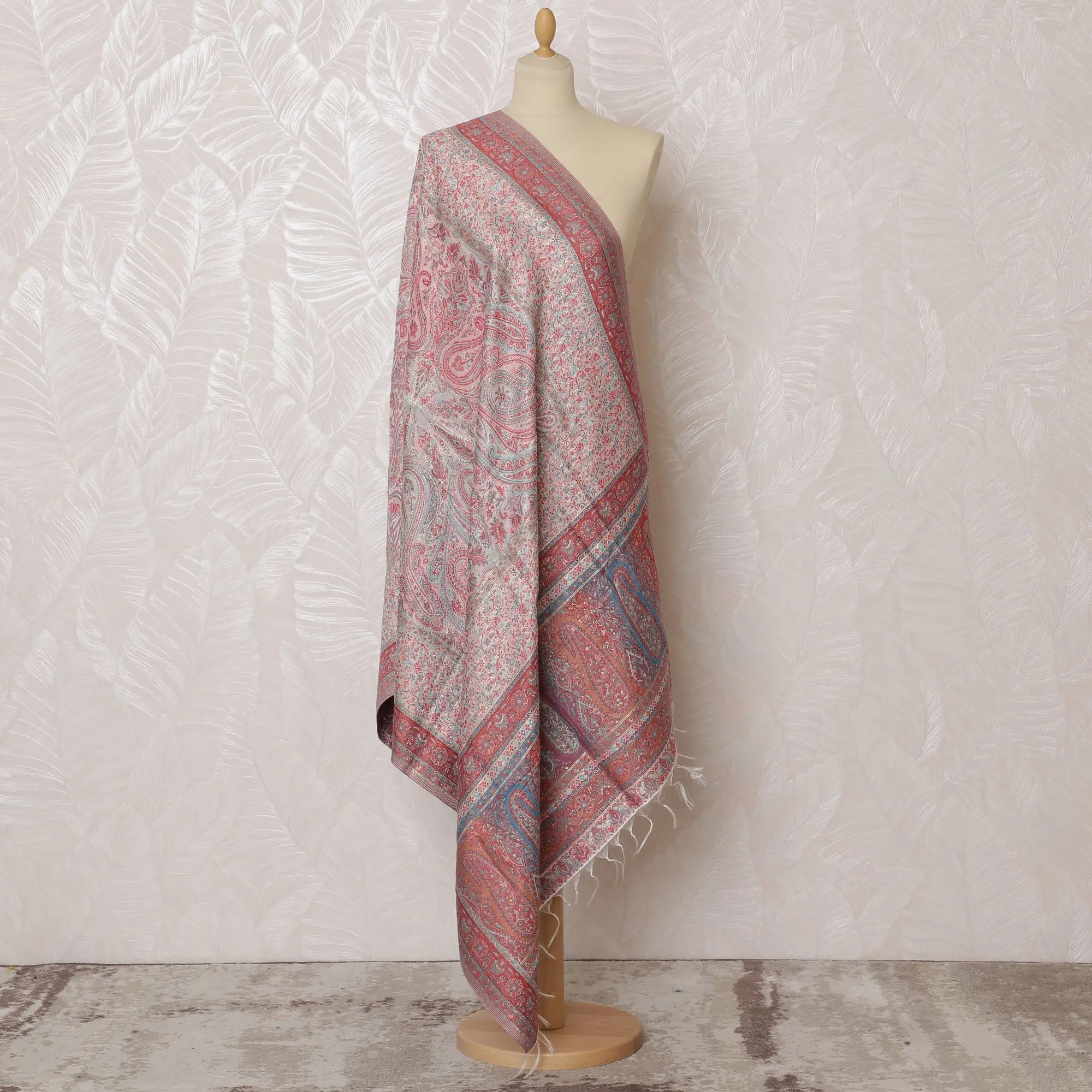 Pastel Pink and Gray Paisley Silk Jacquard Dupatta with Fringed Edges – 235 X 95 Cms, India-D20304