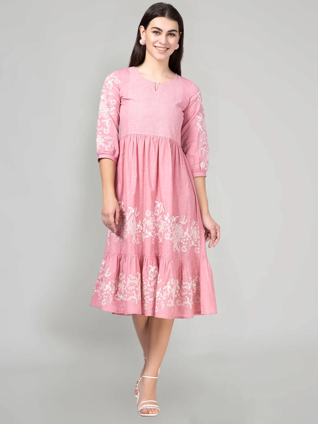 Pink Cotton Tiered Embroidered Dress
