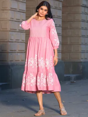 Pink Cotton Tiered Embroidered Dress