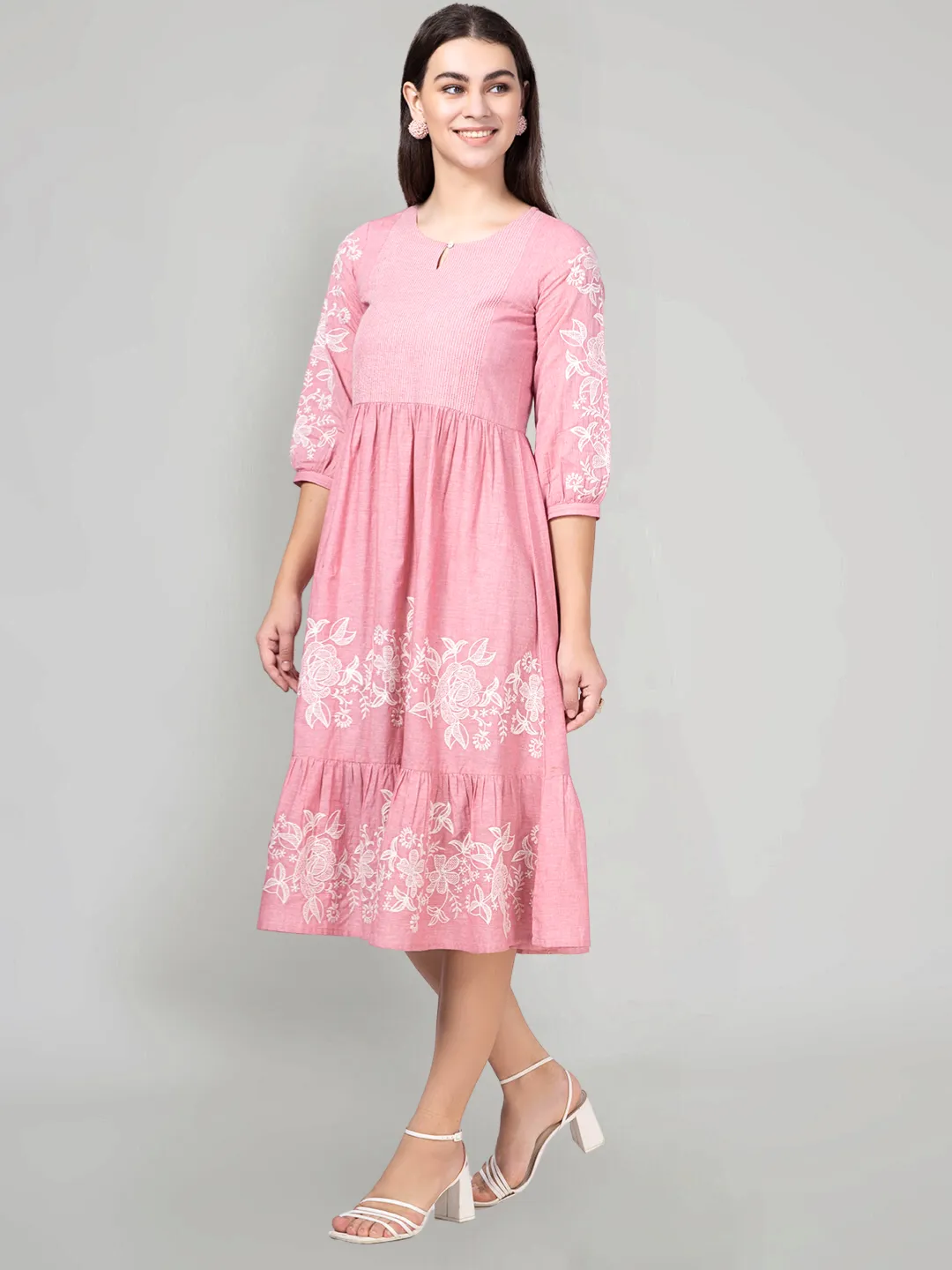 Pink Cotton Tiered Embroidered Dress