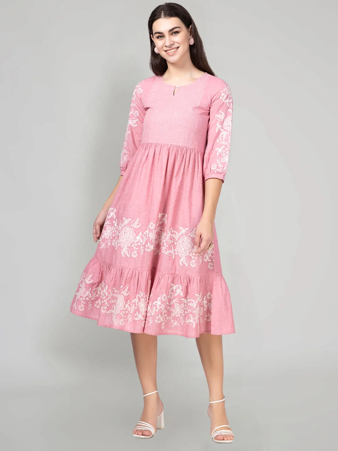 Pink Cotton Tiered Embroidered Dress