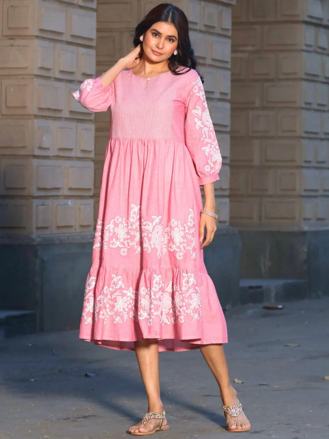 Pink Cotton Tiered Embroidered Dress