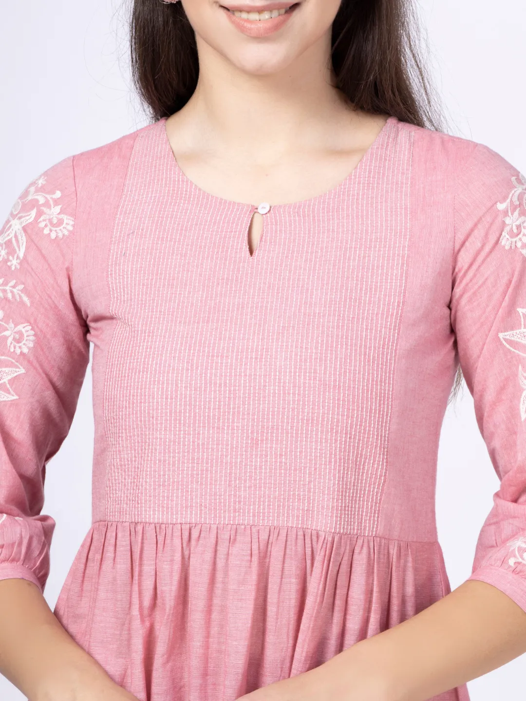 Pink Cotton Tiered Embroidered Dress
