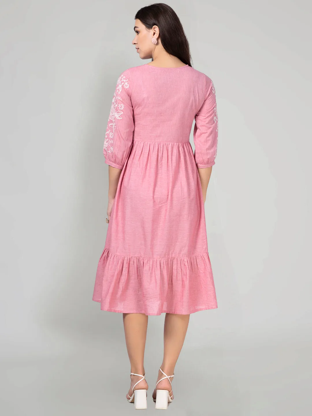 Pink Cotton Tiered Embroidered Dress