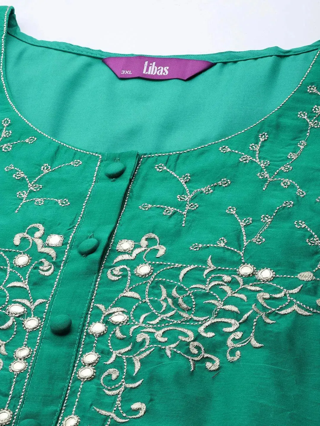 Plus Size Green Yoke Design Chanderi Silk Straight Kurta