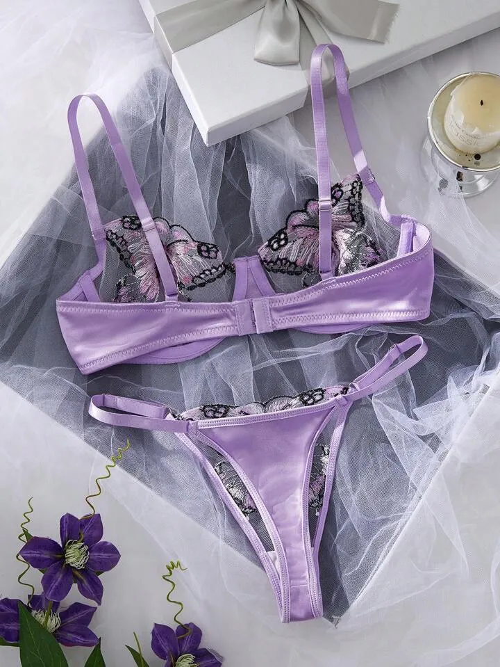 Purple Lingerie Set Butterfly Embroidered Sexy Underwear