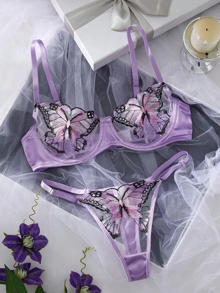 Purple Lingerie Set Butterfly Embroidered Sexy Underwear