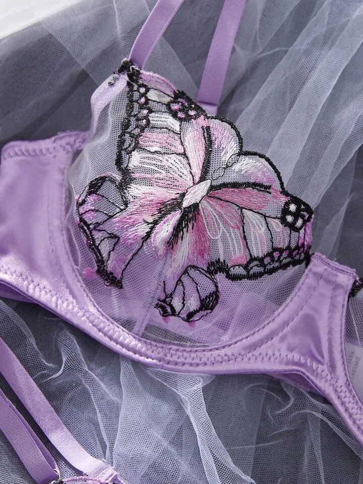Purple Lingerie Set Butterfly Embroidered Sexy Underwear