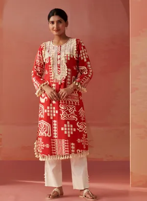 Ravleen Red Printed Long Rayon Kurta