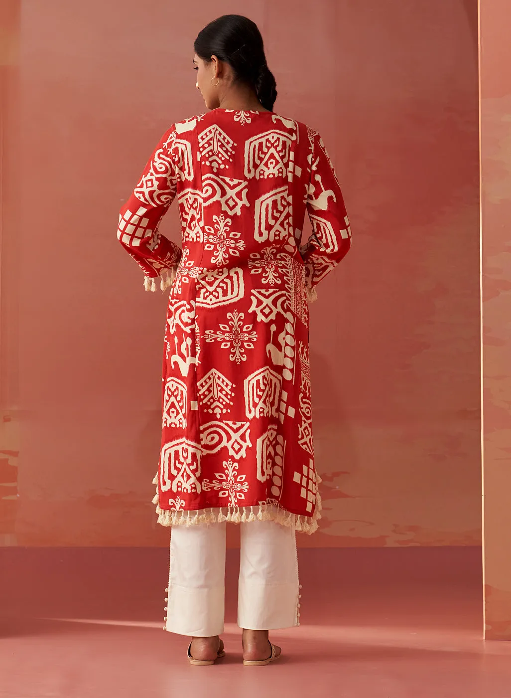 Ravleen Red Printed Long Rayon Kurta