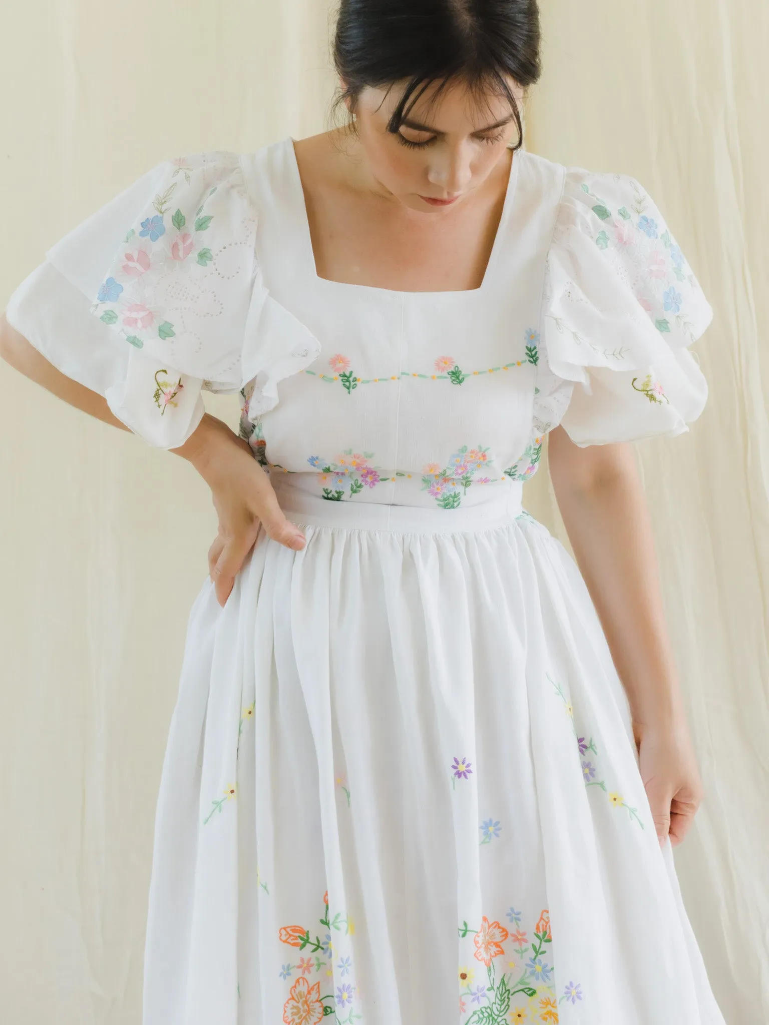 Re-Dress Upcycled Wildflower Embroidery White Maxi Dress