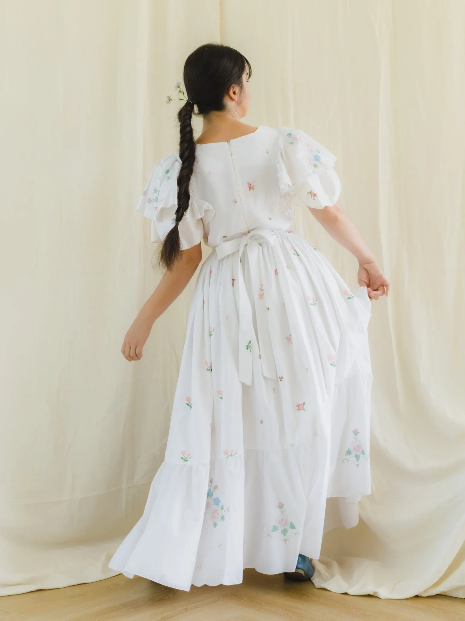 Re-Dress Upcycled Wildflower Embroidery White Maxi Dress