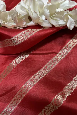 Red Banarasi Handloom Pure Silk Stripes Design Fabric ( 2.5 Mtr )