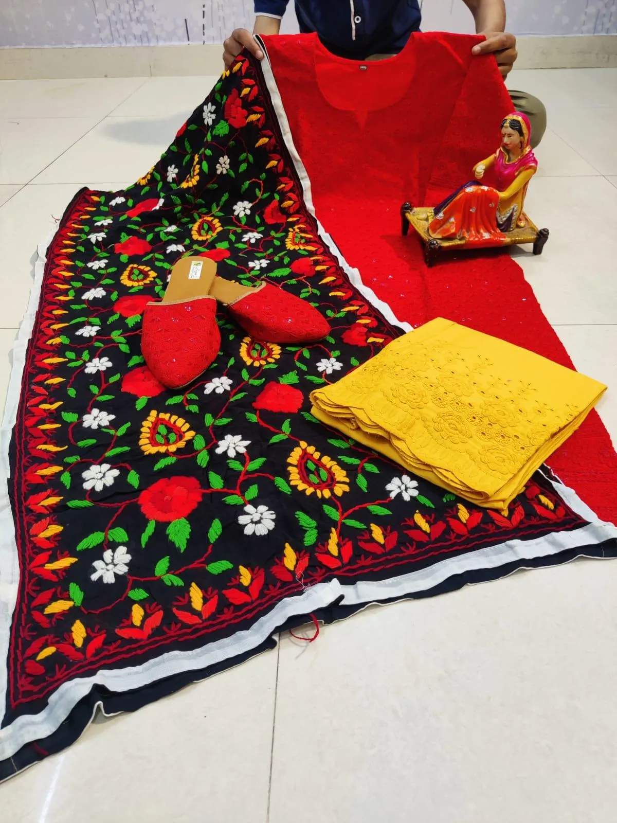Red Cotton Phulkari Suit with Beautiful Chikan & Sequins Embroidery Work Shopping Online