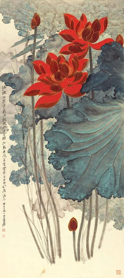 Red Lotus And Mandarin Ducks - Zhang Daqian - Chinese Gongbi Art Painting