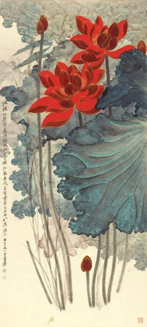 Red Lotus And Mandarin Ducks - Zhang Daqian - Chinese Gongbi Art Painting