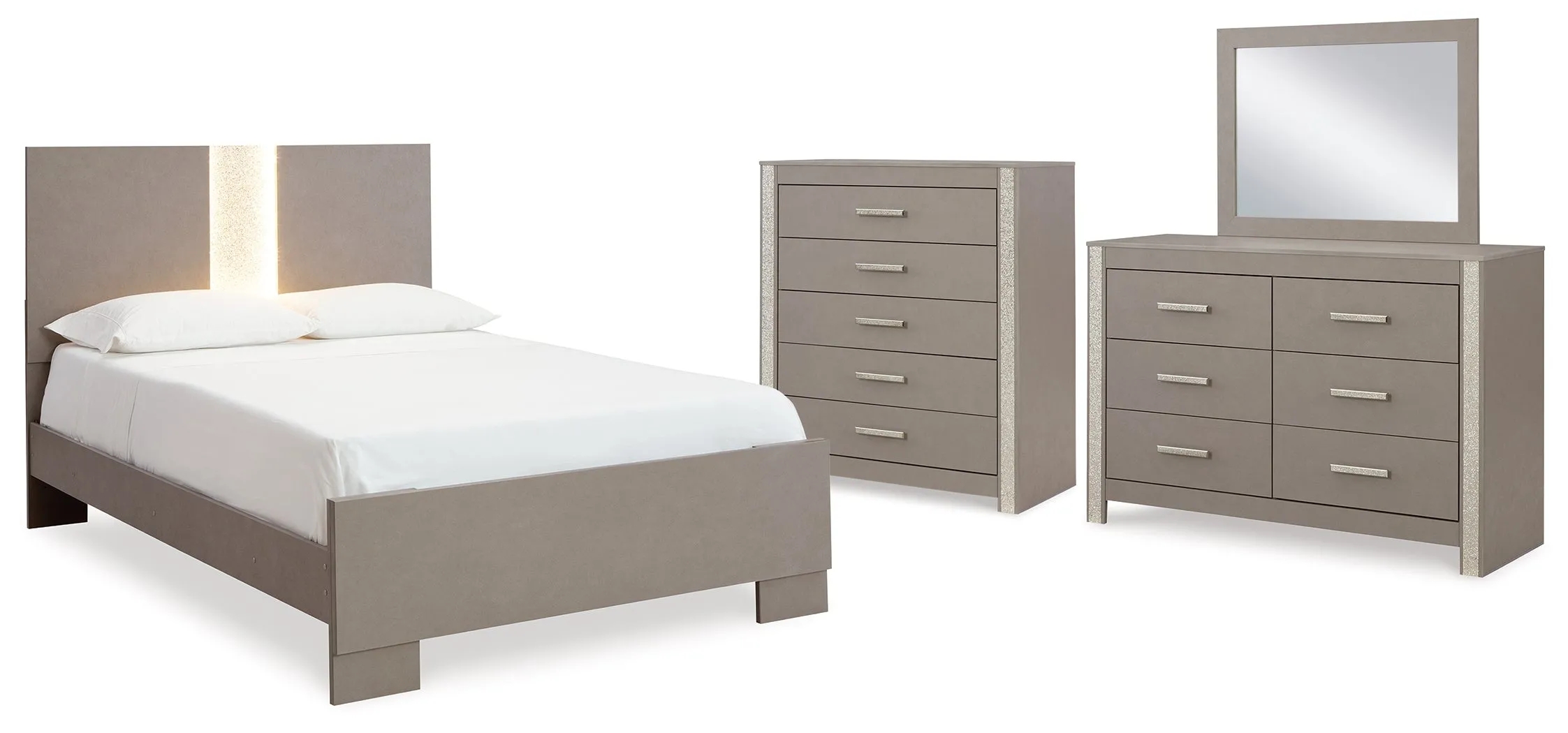 Surancha Queen Panel Bed with Mirrored Dresser and Chest in Gray