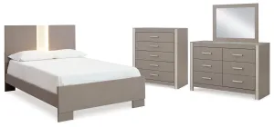 Surancha Queen Panel Bed with Mirrored Dresser and Chest in Gray