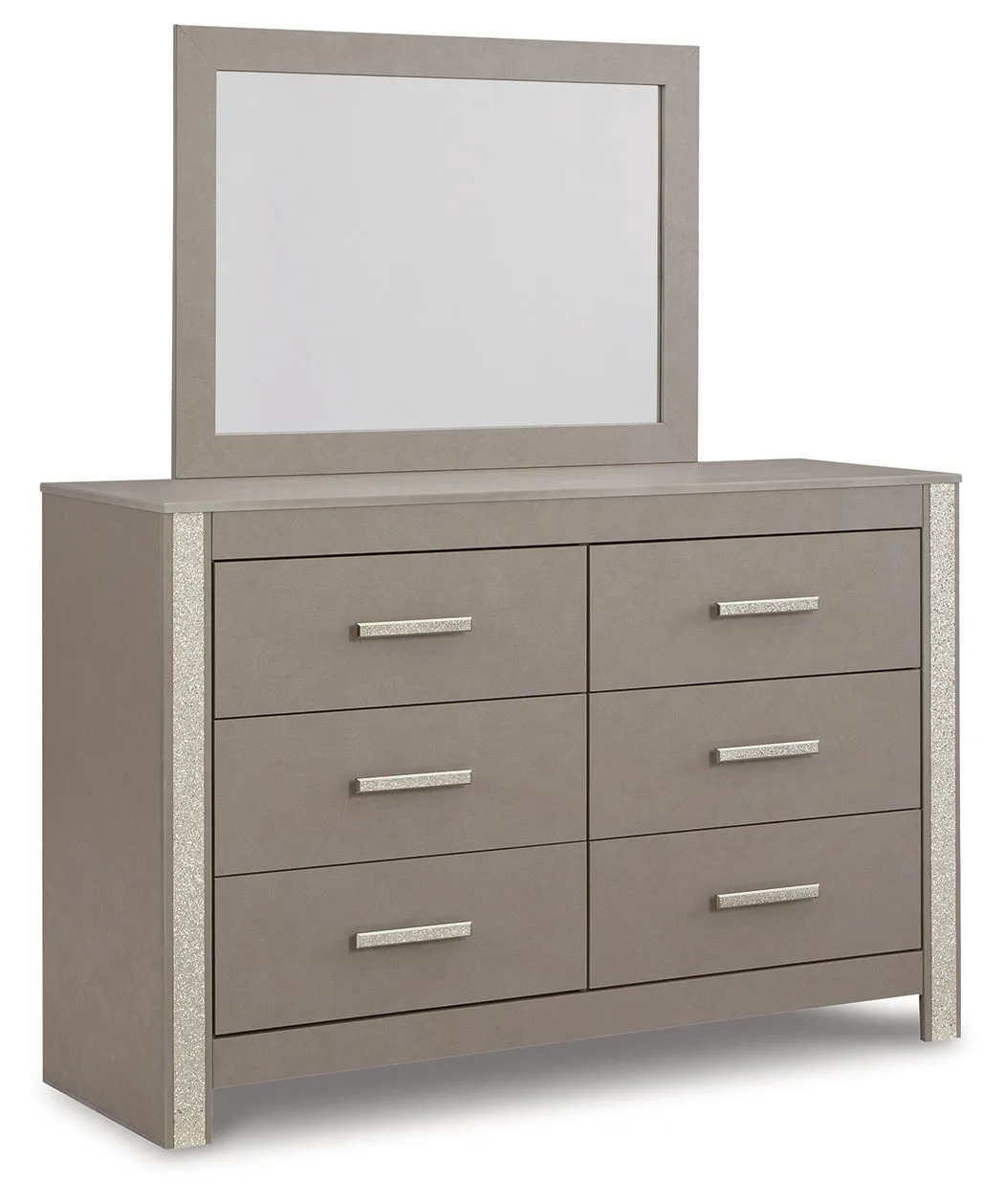 Surancha Queen/Full Panel Headboard with Mirrored Dresser and Nightstand in Gray