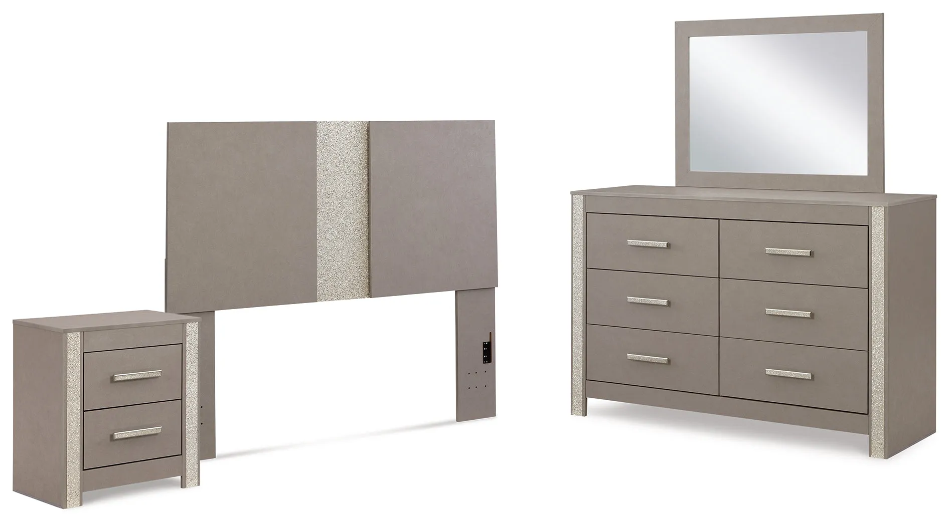 Surancha Queen/Full Panel Headboard with Mirrored Dresser and Nightstand in Gray